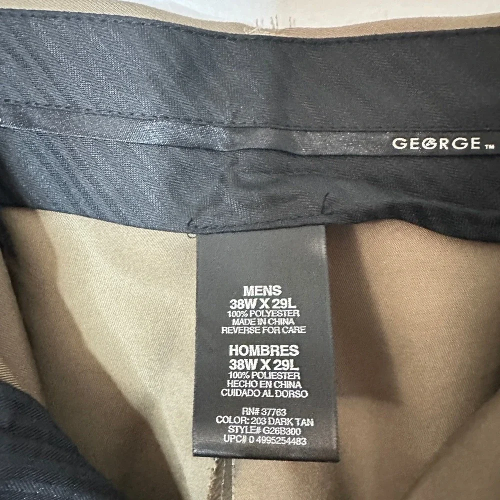 George Mens Dress Pants 38x29 Dark Tan Flat Front Straight Leg G26B300 Khaki